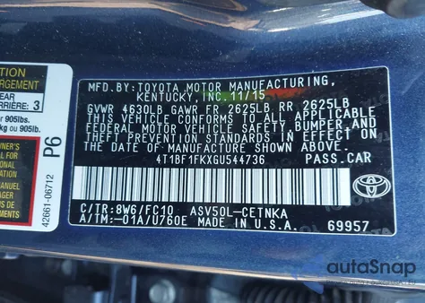 2016 Toyota Camry Le z USA, uszkodzony, nr VIN 4T1BF1FKXGU544736